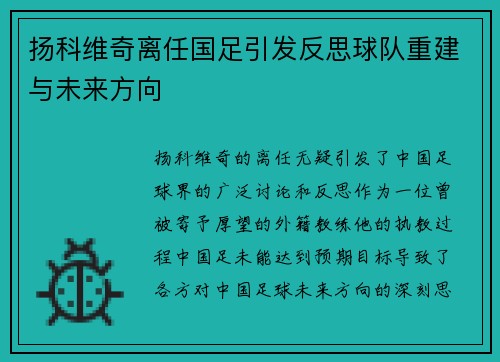 扬科维奇离任国足引发反思球队重建与未来方向
