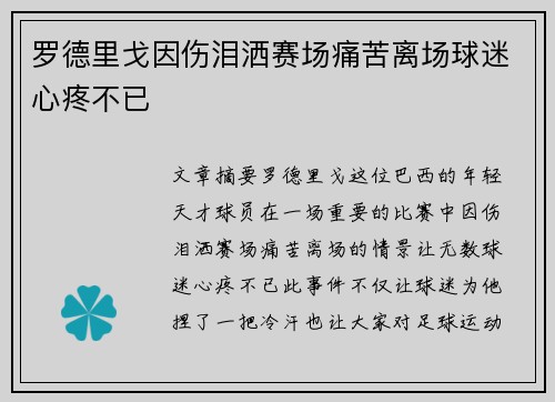罗德里戈因伤泪洒赛场痛苦离场球迷心疼不已